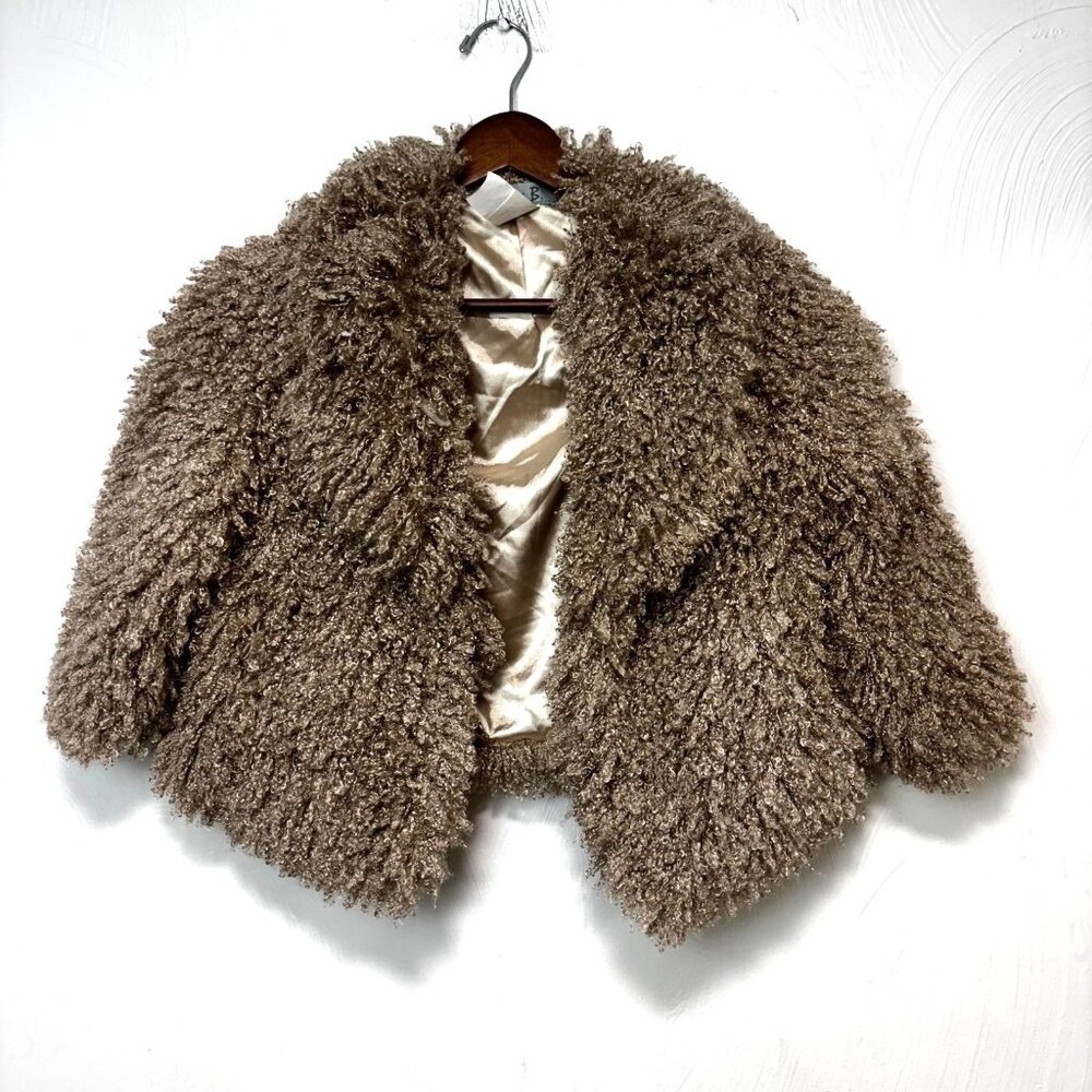 Elisa B. Faux Fur Cropped Coat Brown Satin Lined Clasp Girls Youth Kids Size 14